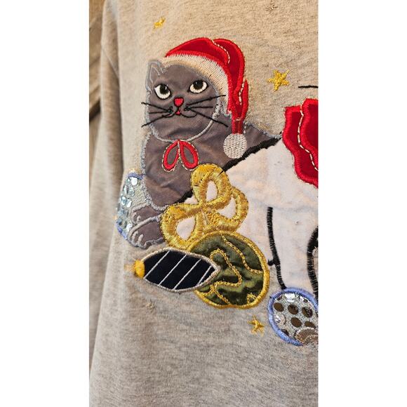 Vintage Bobbie Brooks cat Christmas applique ugly sweater holiday kittens L + - Picture 2 of 8